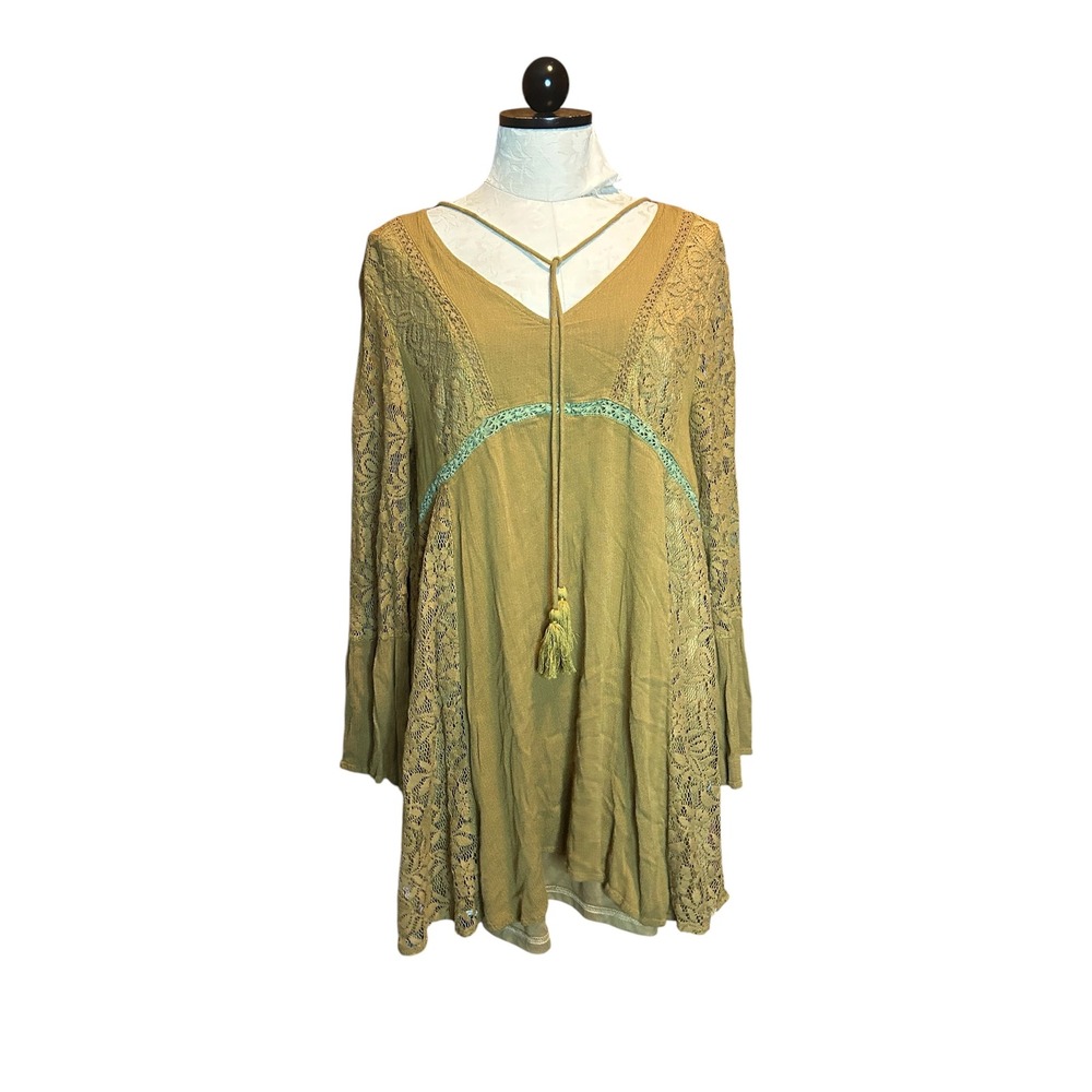 Entro Olive Green Boho Lace Panel Tassel Western V-Neck Tunic Dress Sz M